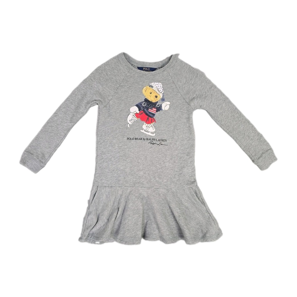 Ralph Lauren Polo Girls Sweater Dress Size 6 Grey Bear Graphic Ice Skating